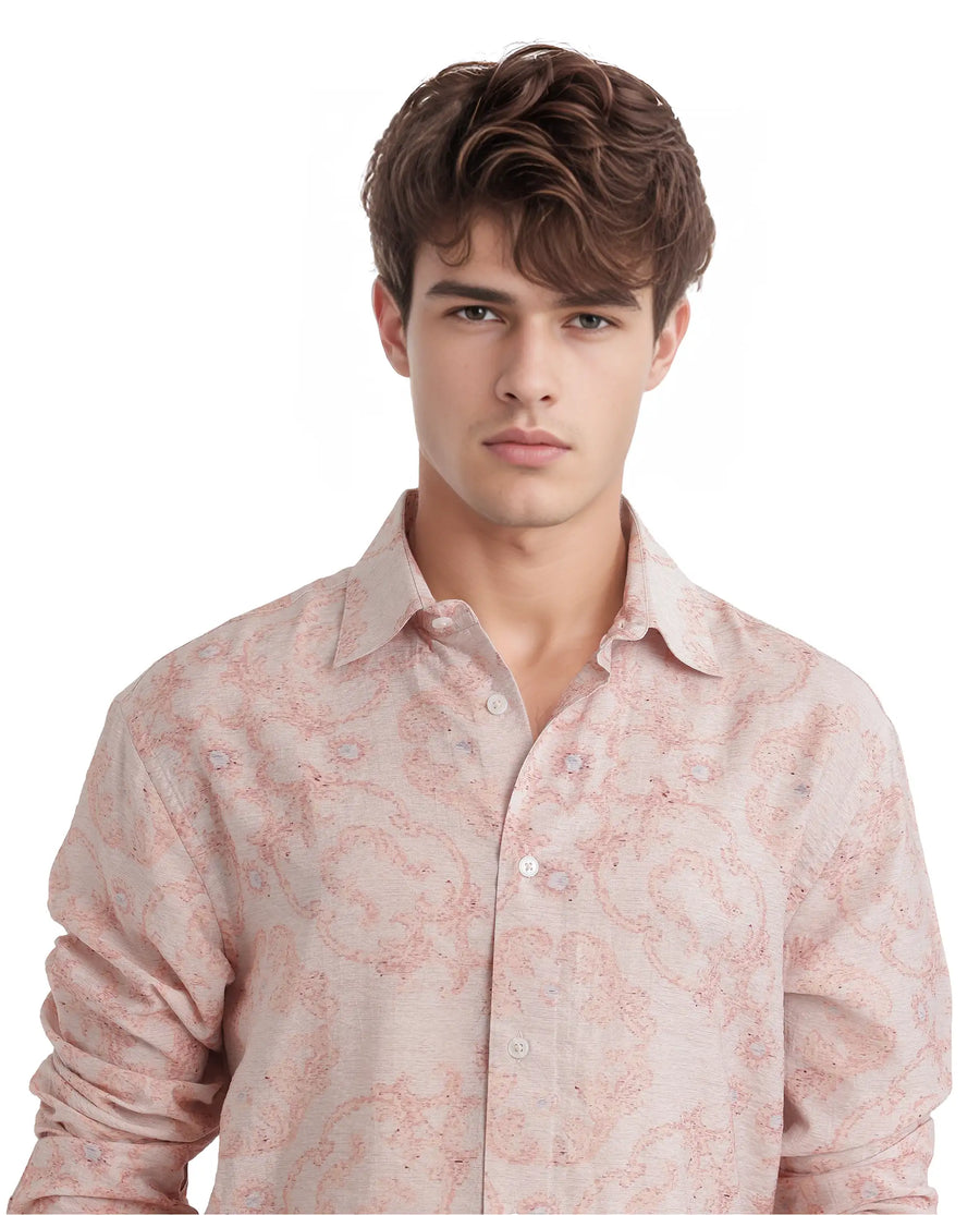 Rare Rabbit Men's Pelden Dusky Pink Viscose Blend Floral Print Regular Fit Full Sleeve Collared Shirt