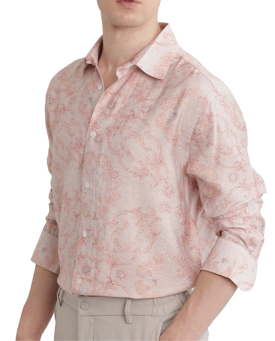 Rare Rabbit Men's Pelden Dusky Pink Viscose Blend Floral Print Regular Fit Full Sleeve Collared Shirt