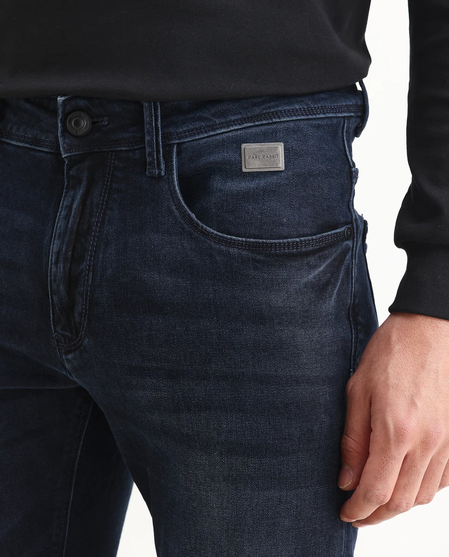 Rare Rabbit Men's Penelope Navy Cotton Plain Hawk Slim Fit Jeans