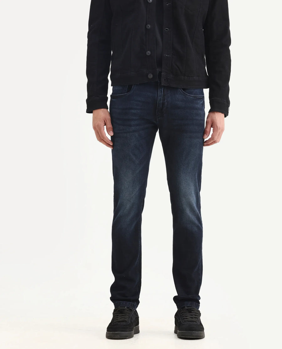 Rare Rabbit Men's Penelope Navy Cotton Plain Hawk Slim Fit Jeans