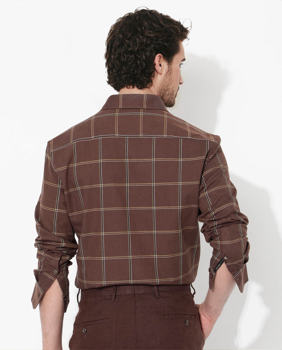 Rare Rabbit Men's Penza Brown Cotton Checked Print Regular Fit Full Sleeve Collared Shirt