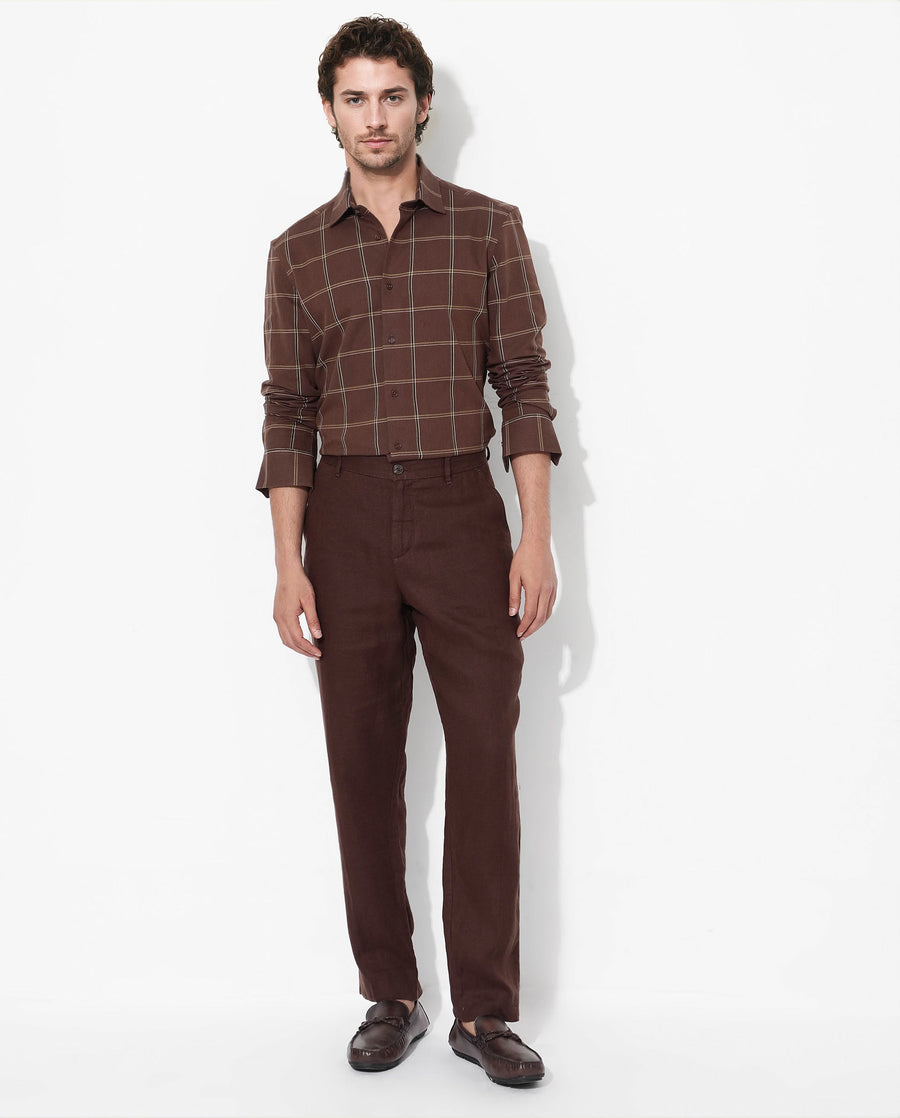 Rare Rabbit Men's Penza Brown Cotton Checked Print Regular Fit Full Sleeve Collared Shirt