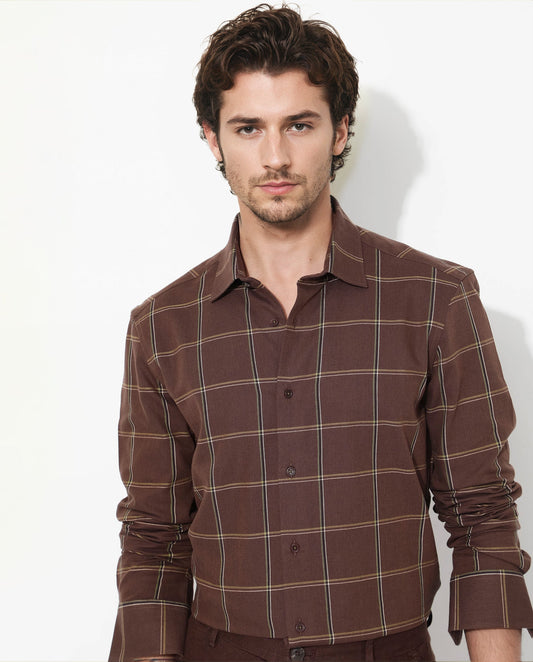 Rare Rabbit Men's Penza Brown Cotton Checked Print Regular Fit Full Sleeve Collared Shirt