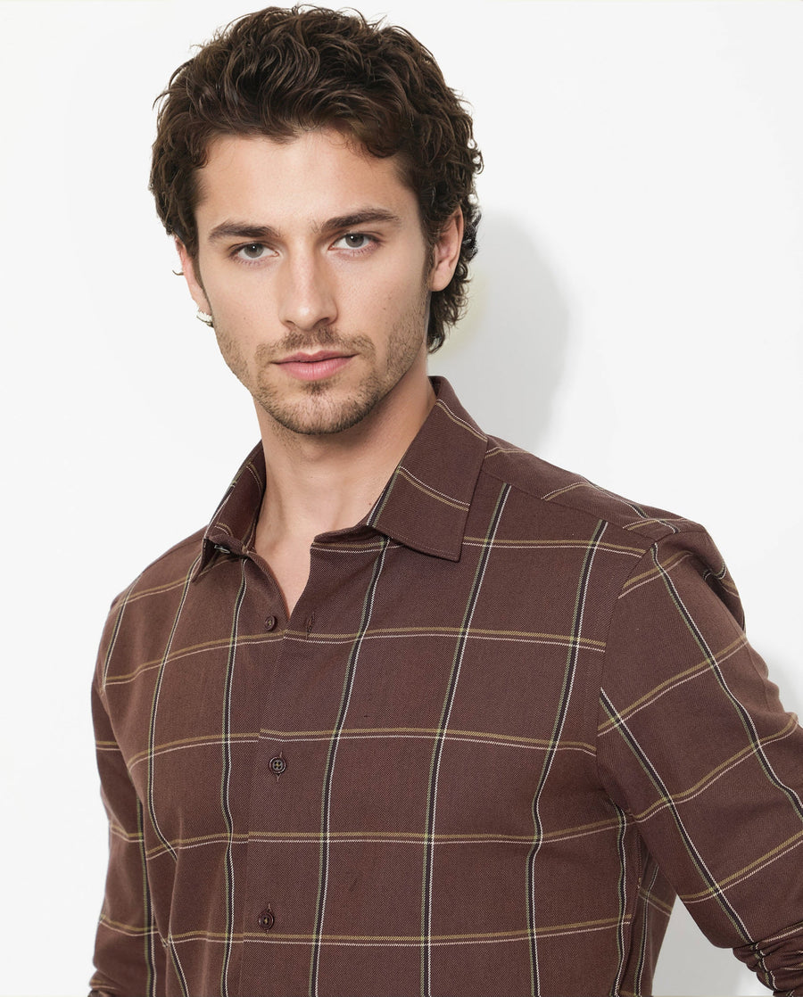 Rare Rabbit Men's Penza Brown Cotton Checked Print Regular Fit Full Sleeve Collared Shirt