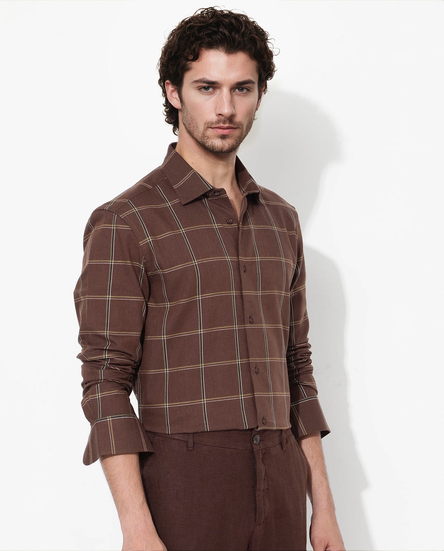 Rare Rabbit Men's Penza Brown Cotton Checked Print Regular Fit Full Sleeve Collared Shirt