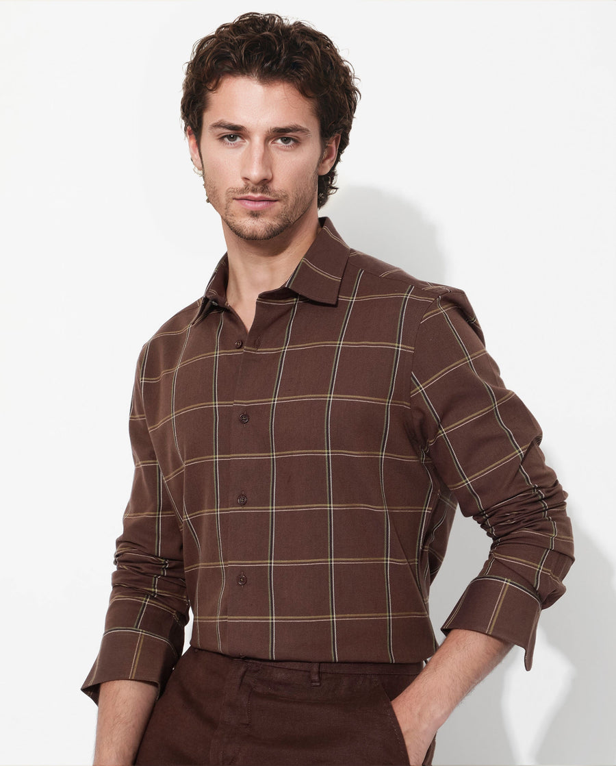Rare Rabbit Men's Penza Brown Cotton Checked Print Regular Fit Full Sleeve Collared Shirt