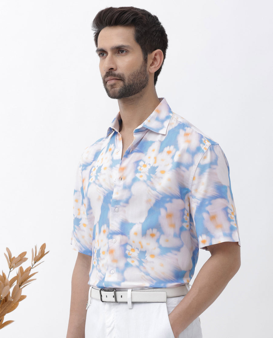Rare Rabbit Men's Percim Blue Viscose Floral Print Boxy Fit Half Sleeve Collared Shirt