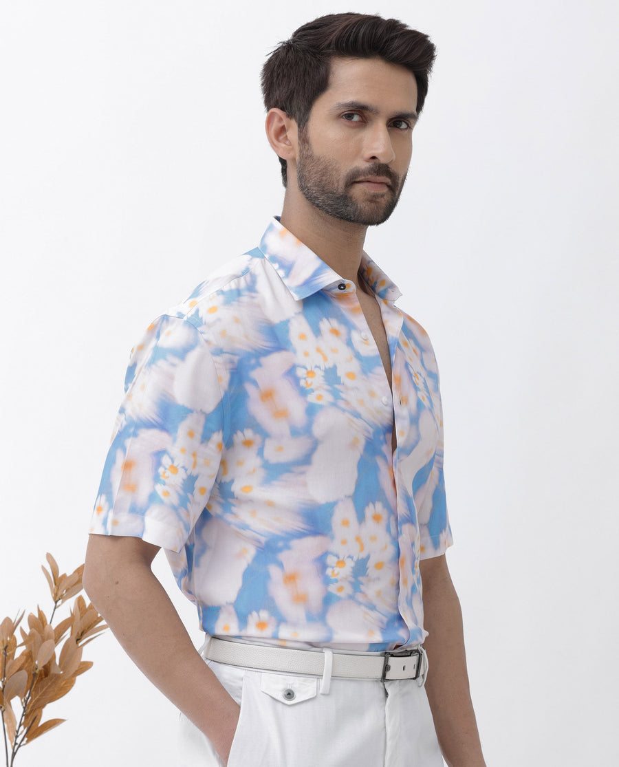 Rare Rabbit Men's Percim Blue Viscose Floral Print Boxy Fit Half Sleeve Collared Shirt