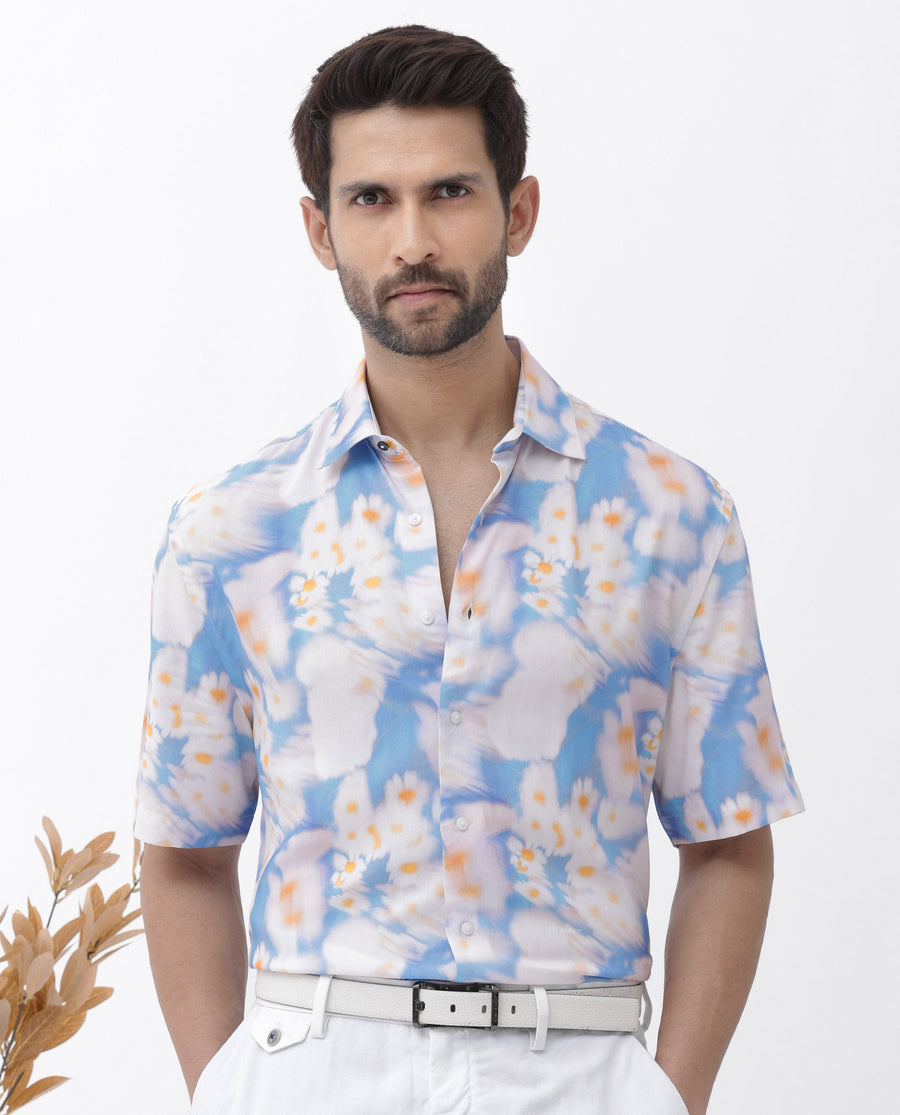 Rare Rabbit Men's Percim Blue Viscose Floral Print Boxy Fit Half Sleeve Collared Shirt