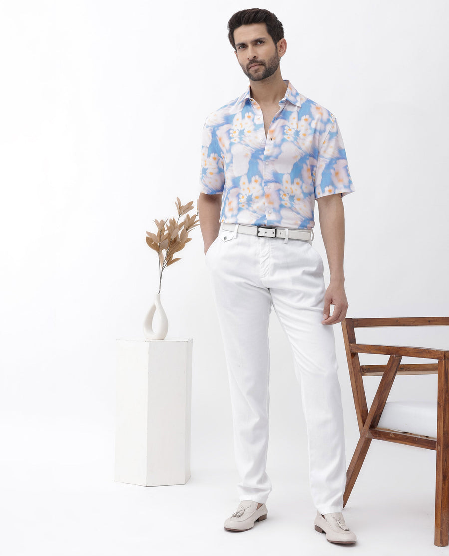 Rare Rabbit Men's Percim Blue Viscose Floral Print Boxy Fit Half Sleeve Collared Shirt