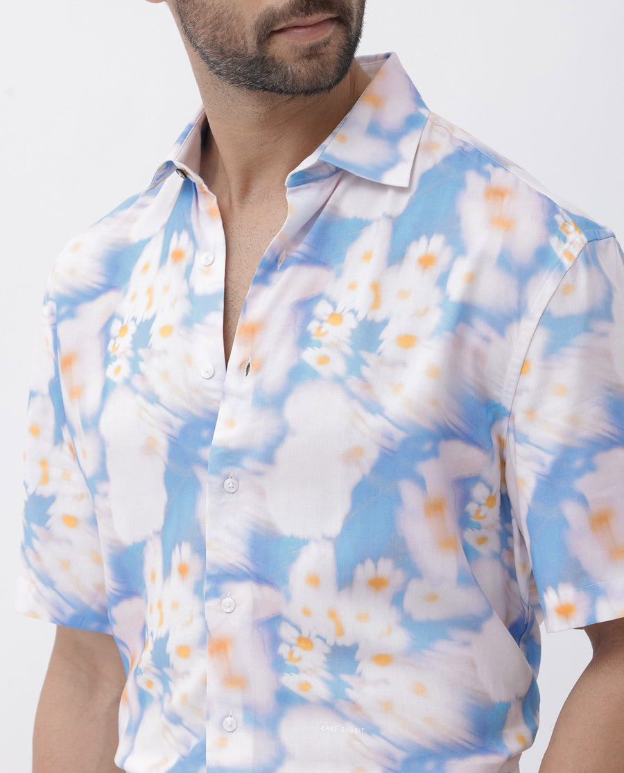 Rare Rabbit Men's Percim Blue Viscose Floral Print Boxy Fit Half Sleeve Collared Shirt
