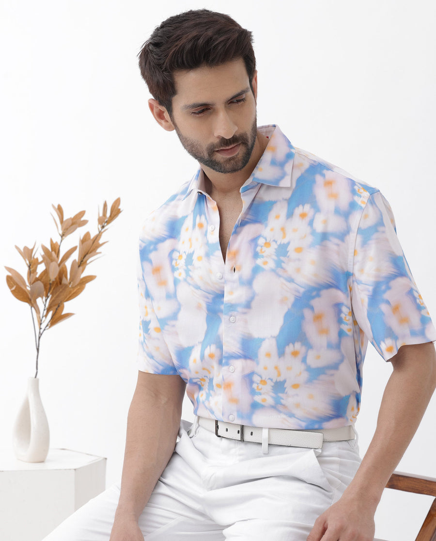 Rare Rabbit Men's Percim Blue Viscose Floral Print Boxy Fit Half Sleeve Collared Shirt
