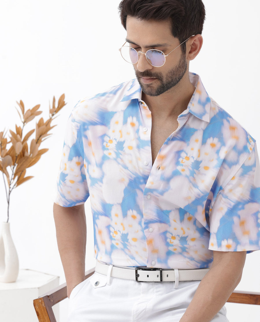 Rare Rabbit Men's Percim Blue Viscose Floral Print Boxy Fit Half Sleeve Collared Shirt