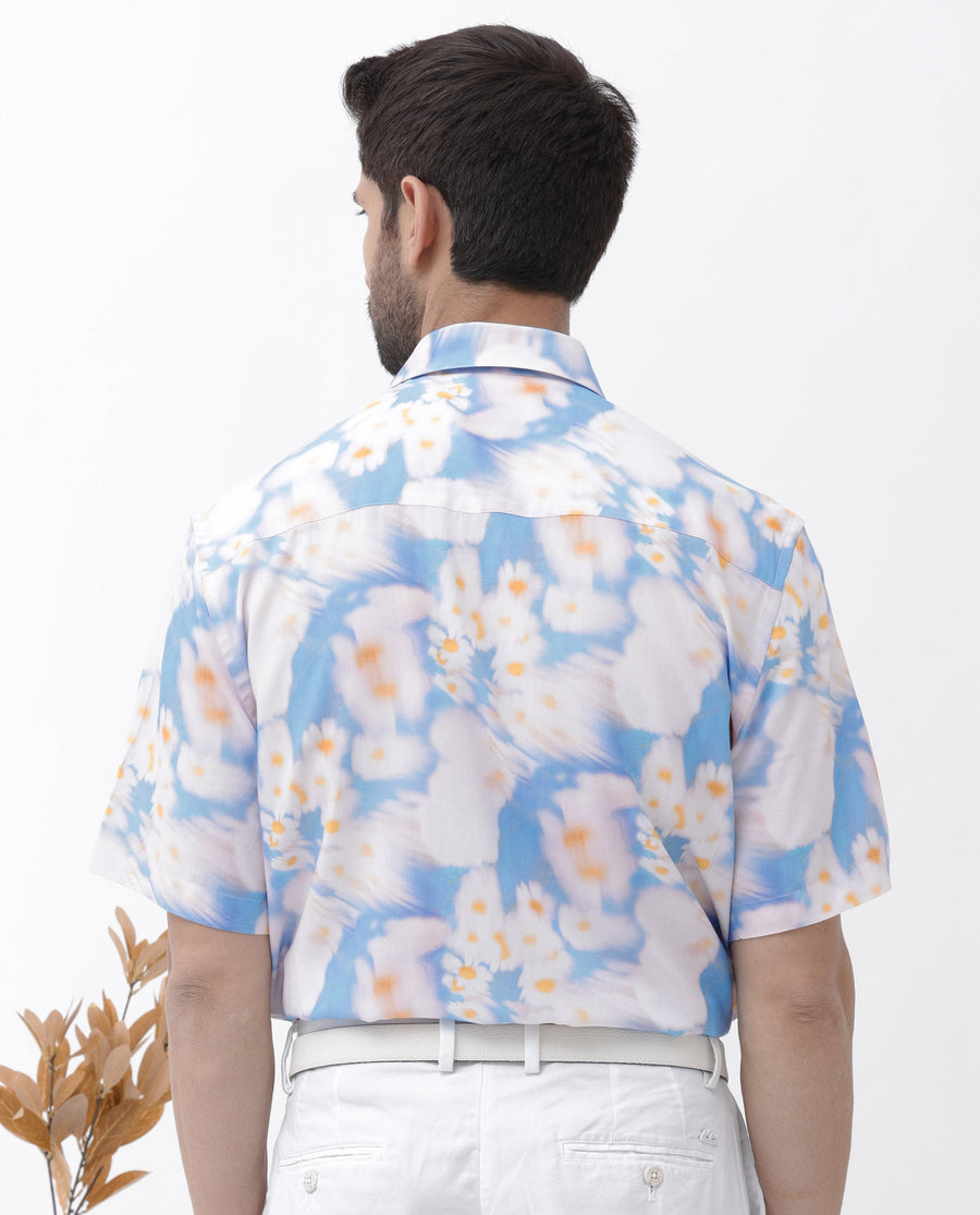 Rare Rabbit Men's Percim Blue Viscose Floral Print Boxy Fit Half Sleeve Collared Shirt