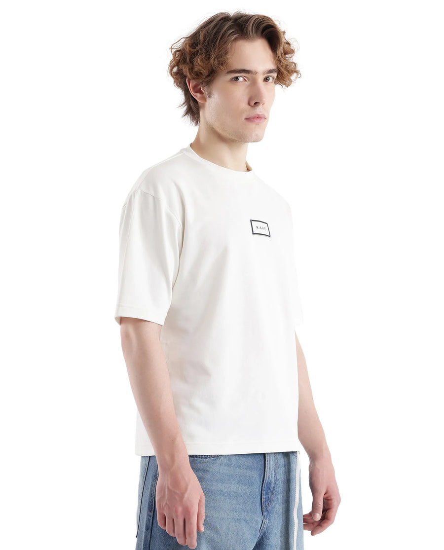 Rare Rabbit Men's Persus Off White Cotton Typography Print Boxy Fit Half Sleeve Crew Neck T-Shirt
