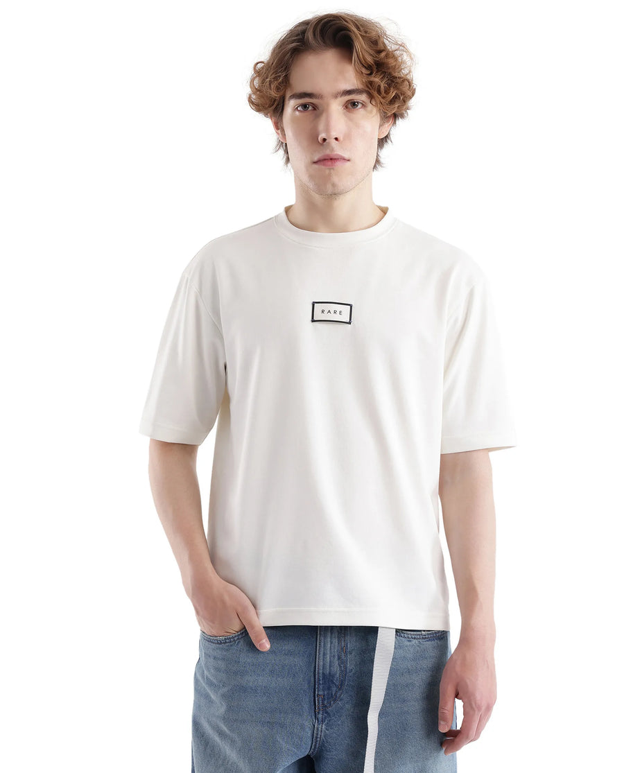 Rare Rabbit Men's Persus Off White Cotton Typography Print Boxy Fit Half Sleeve Crew Neck T-Shirt