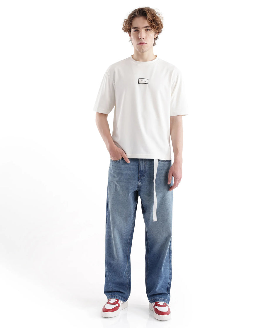 Rare Rabbit Men's Persus Off White Cotton Typography Print Boxy Fit Half Sleeve Crew Neck T-Shirt
