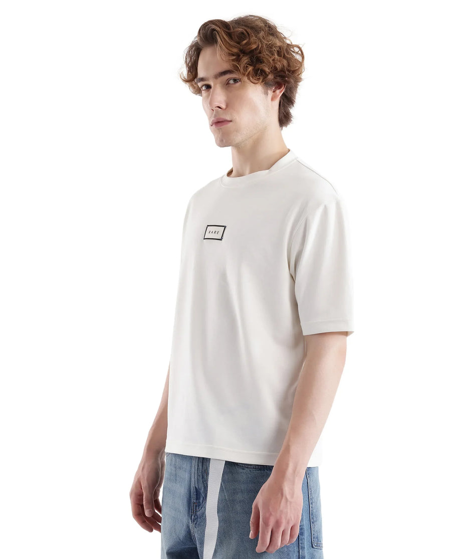 Rare Rabbit Men's Persus Off White Cotton Typography Print Boxy Fit Half Sleeve Crew Neck T-Shirt