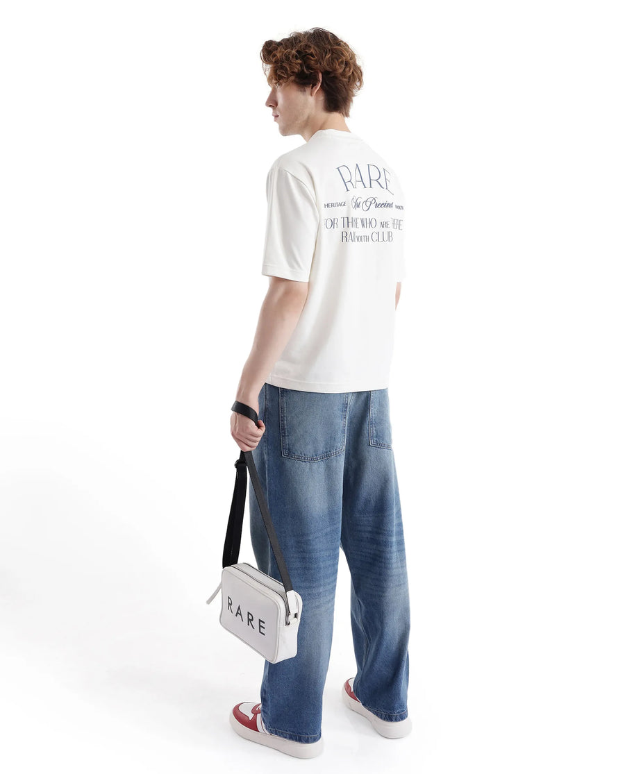 Rare Rabbit Men's Persus Off White Cotton Typography Print Boxy Fit Half Sleeve Crew Neck T-Shirt