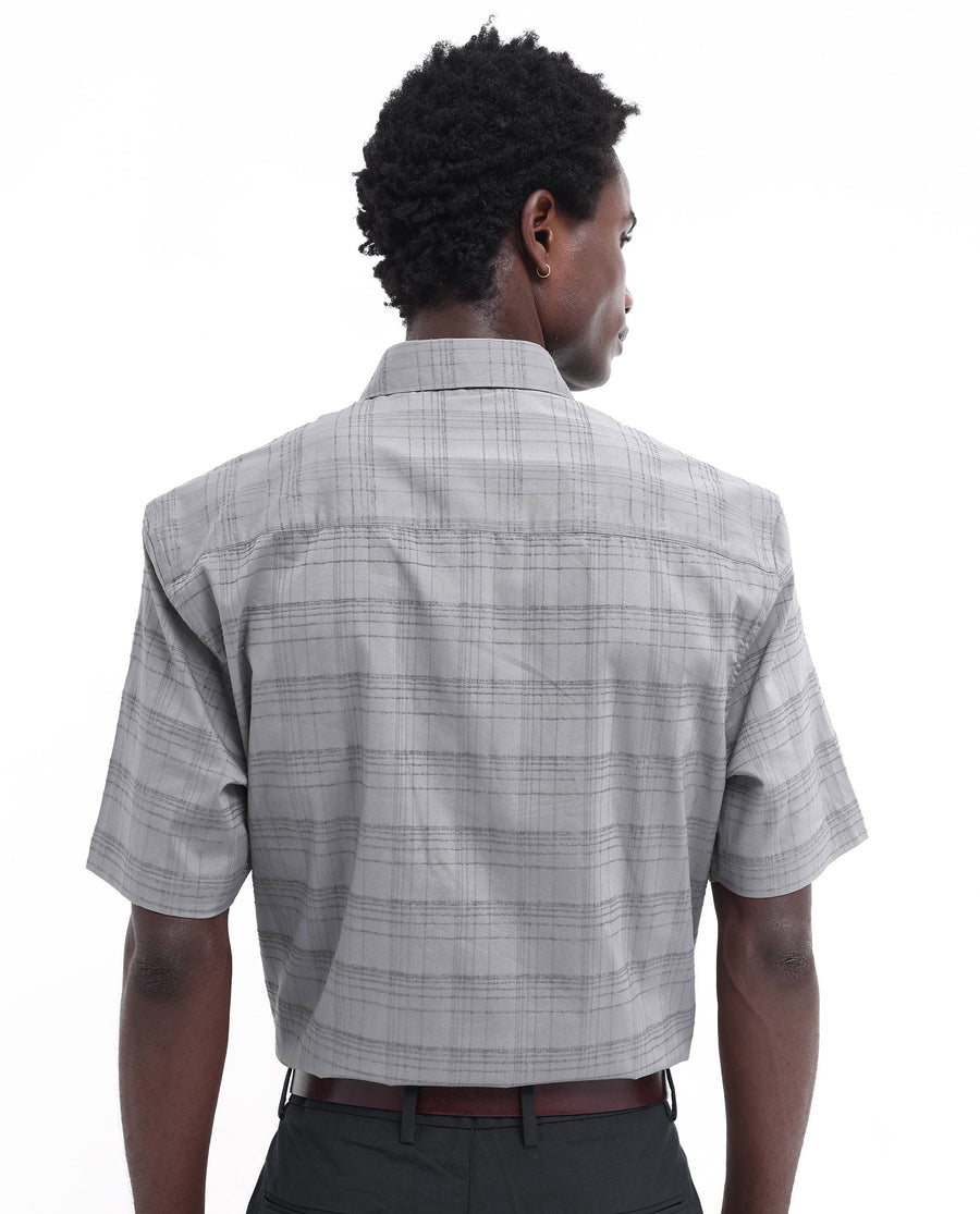 Rare Rabbit Men's Pesca Dusky Grey Cotton Checked Print Regular Fit Half Sleeve Collared Shirt