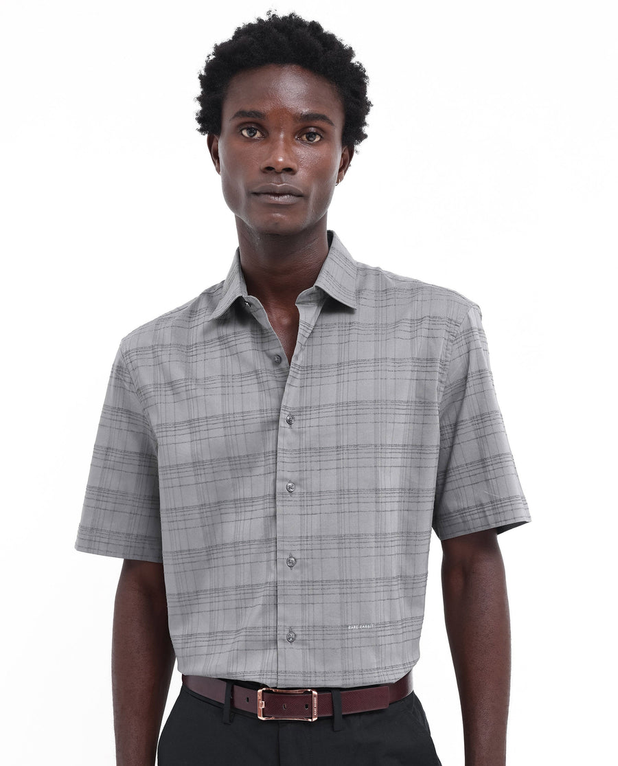Rare Rabbit Men's Pesca Dusky Grey Cotton Checked Print Regular Fit Half Sleeve Collared Shirt