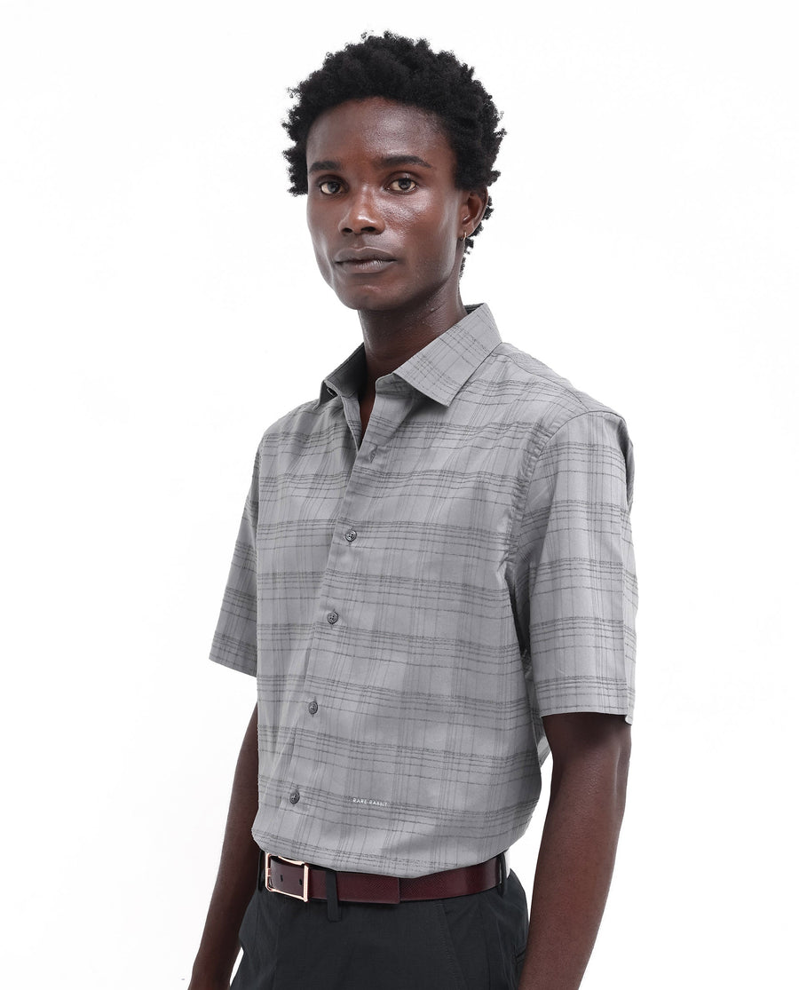 Rare Rabbit Men's Pesca Dusky Grey Cotton Checked Print Regular Fit Half Sleeve Collared Shirt