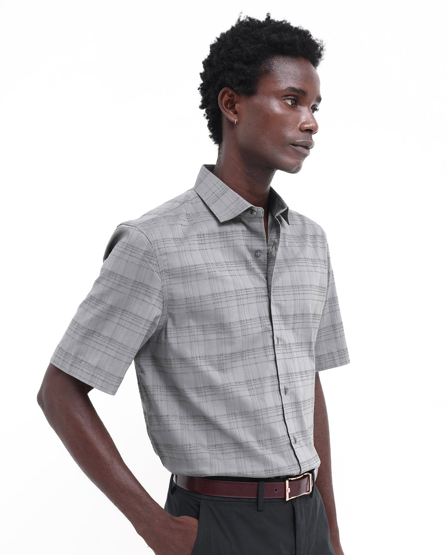 Rare Rabbit Men's Pesca Dusky Grey Cotton Checked Print Regular Fit Half Sleeve Collared Shirt