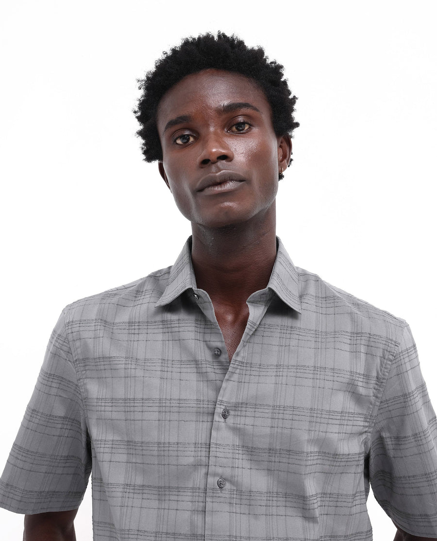 Rare Rabbit Men's Pesca Dusky Grey Cotton Checked Print Regular Fit Half Sleeve Collared Shirt