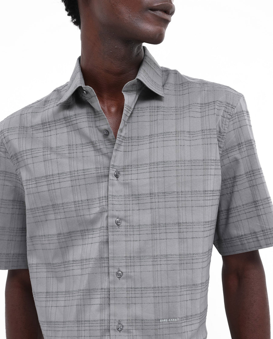 Rare Rabbit Men's Pesca Dusky Grey Cotton Checked Print Regular Fit Half Sleeve Collared Shirt