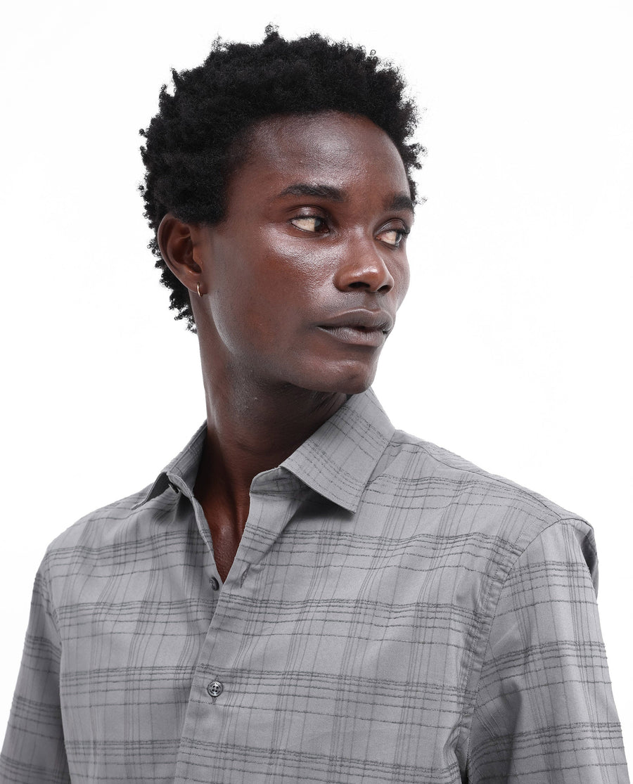Rare Rabbit Men's Pesca Dusky Grey Cotton Checked Print Regular Fit Half Sleeve Collared Shirt