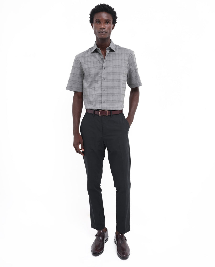 Rare Rabbit Men's Pesca Dusky Grey Cotton Checked Print Regular Fit Half Sleeve Collared Shirt