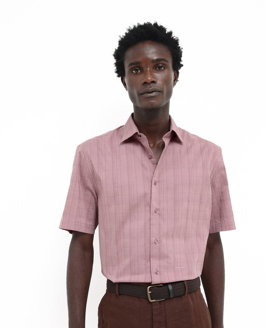 Rare Rabbit Men's Pesca Dusky Pink Cotton Checked Print Regular Fit Half Sleeve Spread Collar Shirt