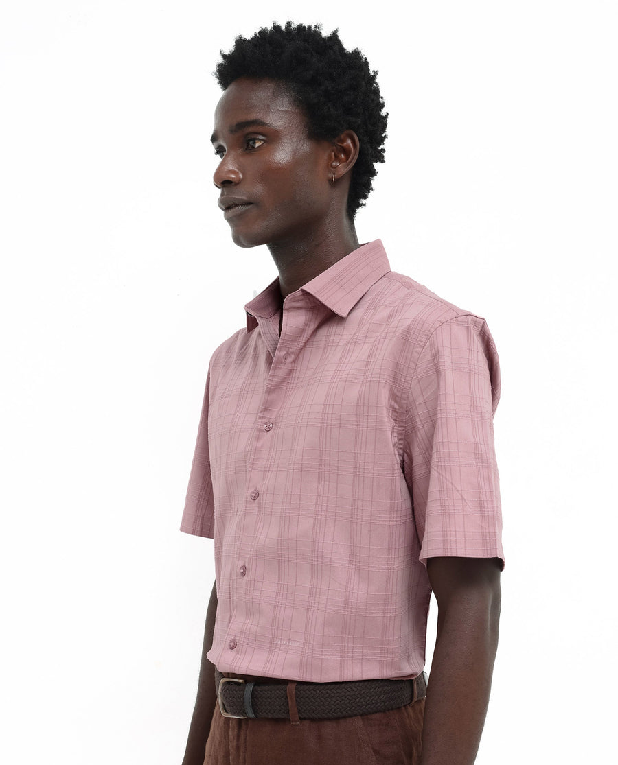 Rare Rabbit Men's Pesca Dusky Pink Cotton Checked Print Regular Fit Half Sleeve Spread Collar Shirt