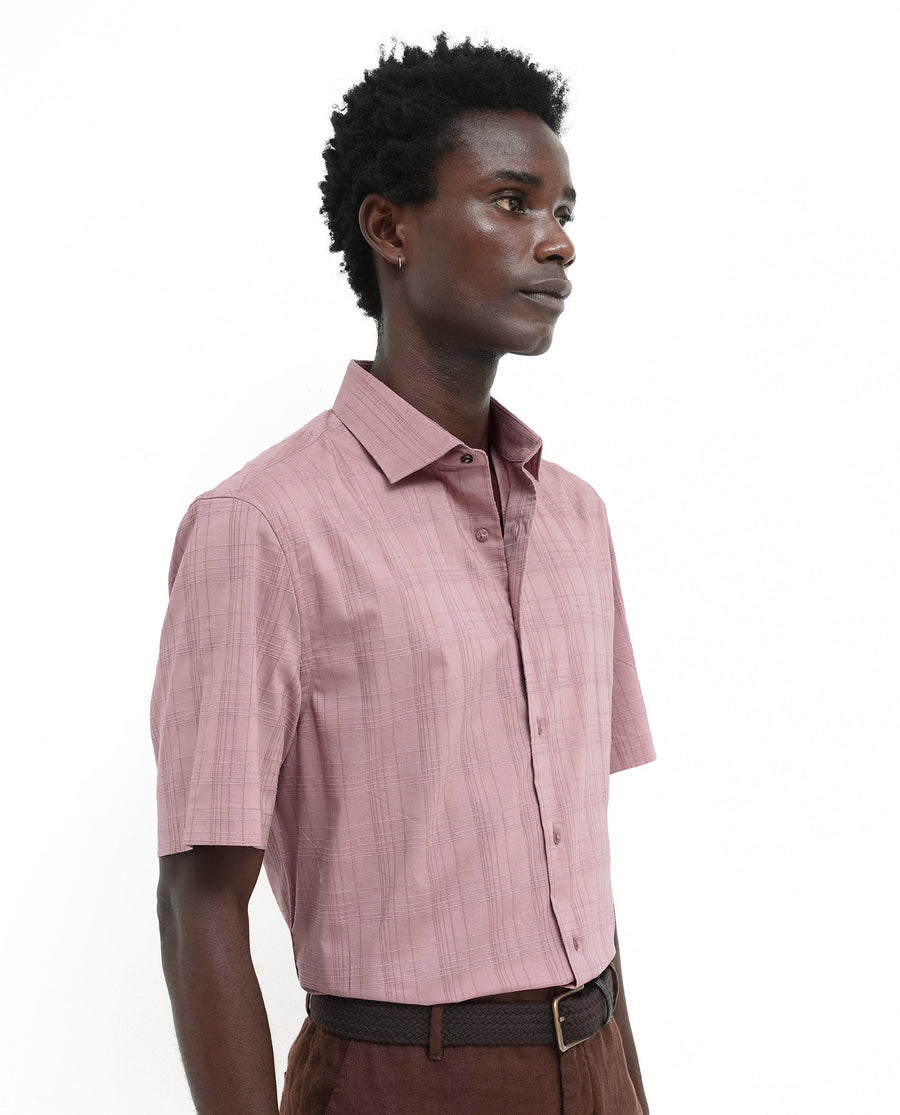 Rare Rabbit Men's Pesca Dusky Pink Cotton Checked Print Regular Fit Half Sleeve Spread Collar Shirt