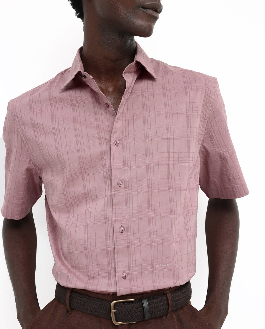 Rare Rabbit Men's Pesca Dusky Pink Cotton Checked Print Regular Fit Half Sleeve Spread Collar Shirt