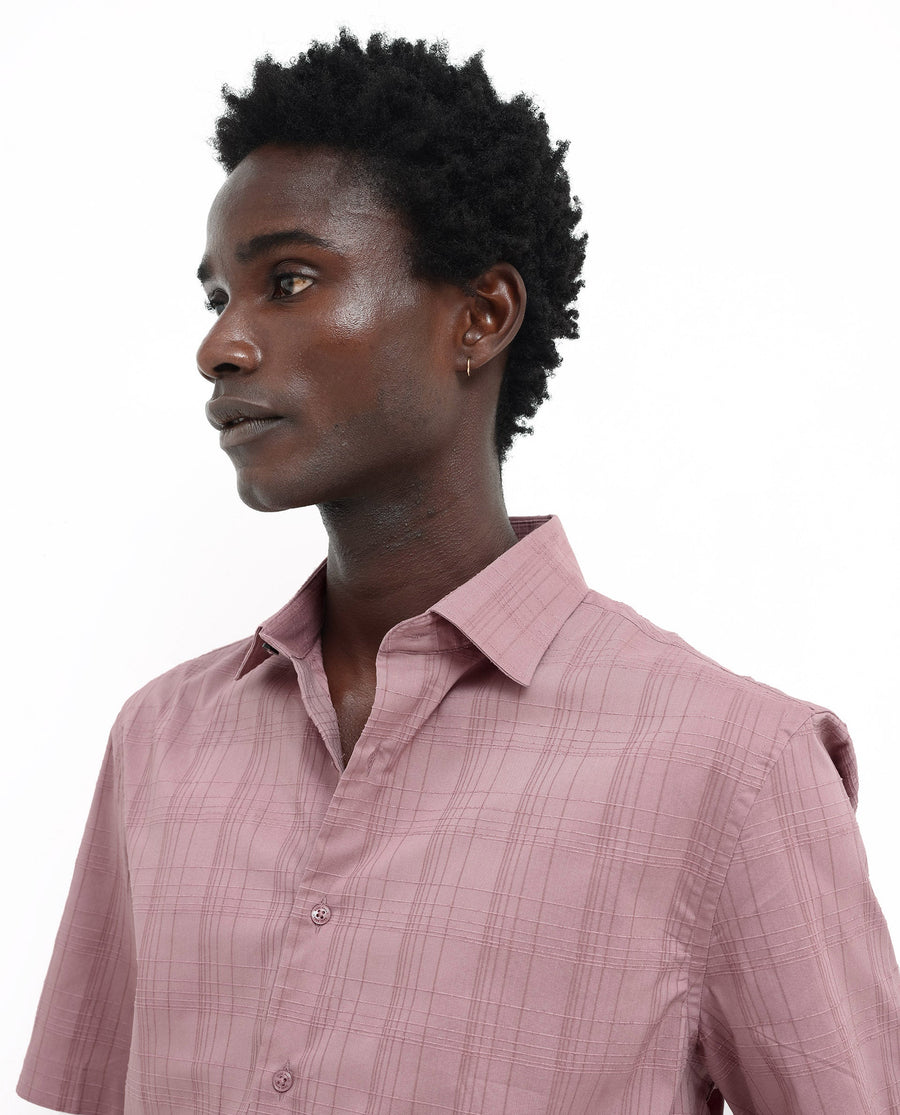 Rare Rabbit Men's Pesca Dusky Pink Cotton Checked Print Regular Fit Half Sleeve Spread Collar Shirt