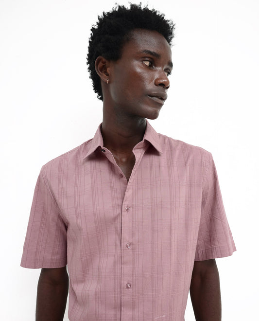 Rare Rabbit Men's Pesca Dusky Pink Cotton Checked Print Regular Fit Half Sleeve Spread Collar Shirt