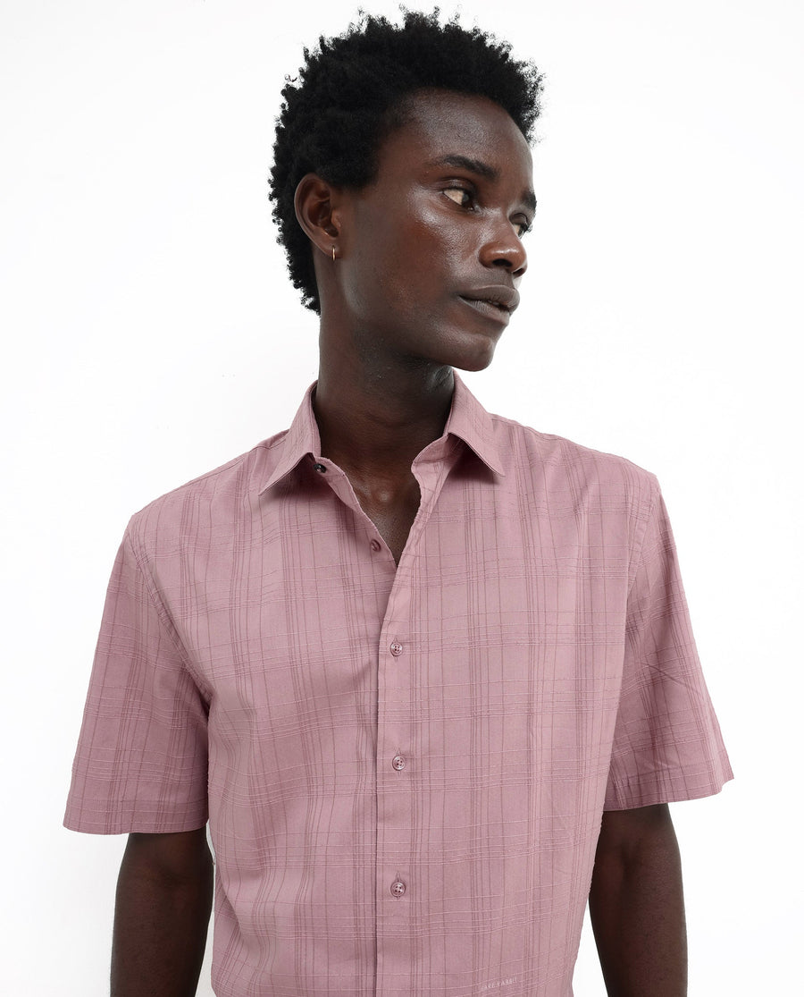 Rare Rabbit Men's Pesca Dusky Pink Cotton Checked Print Regular Fit Half Sleeve Spread Collar Shirt