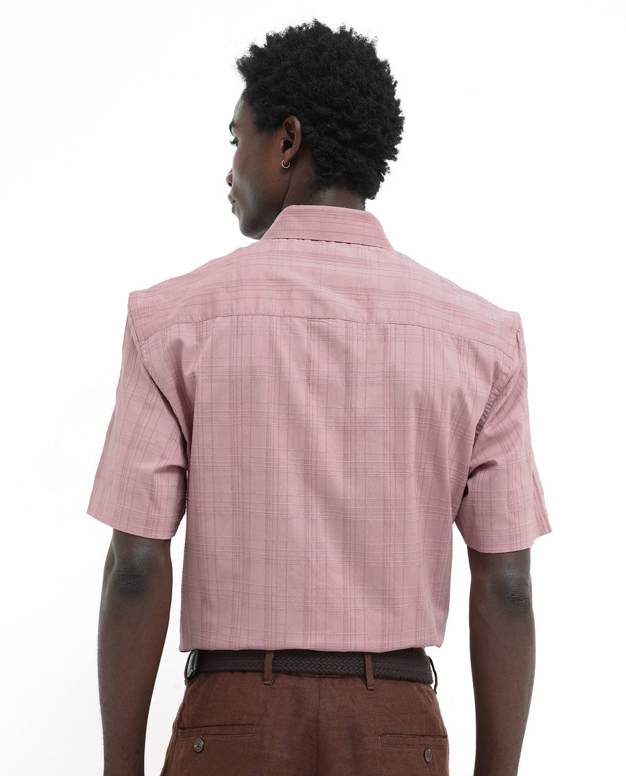 Rare Rabbit Men's Pesca Dusky Pink Cotton Checked Print Regular Fit Half Sleeve Spread Collar Shirt