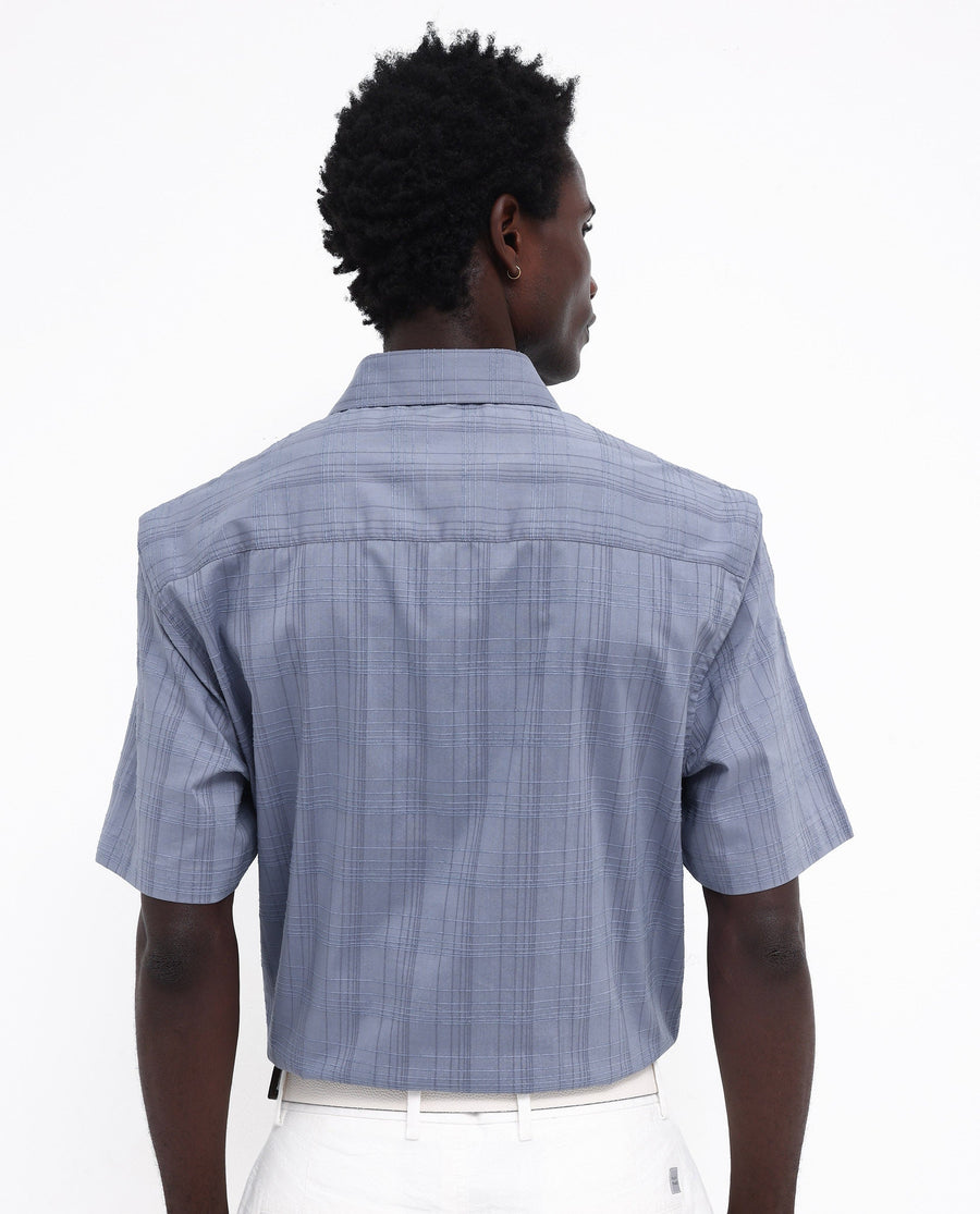 Rare Rabbit Men's Pesca Dusky Blue Cotton Checked Print Regular Fit Half Sleeve Collared Shirt