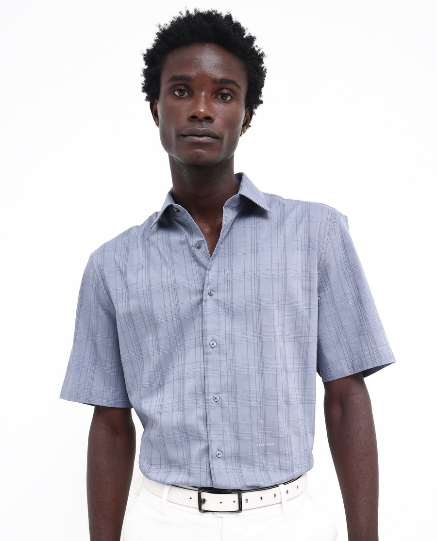 Rare Rabbit Men's Pesca Dusky Blue Cotton Checked Print Regular Fit Half Sleeve Collared Shirt