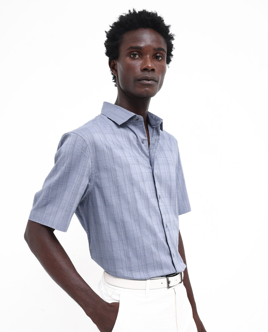 Rare Rabbit Men's Pesca Dusky Blue Cotton Checked Print Regular Fit Half Sleeve Collared Shirt