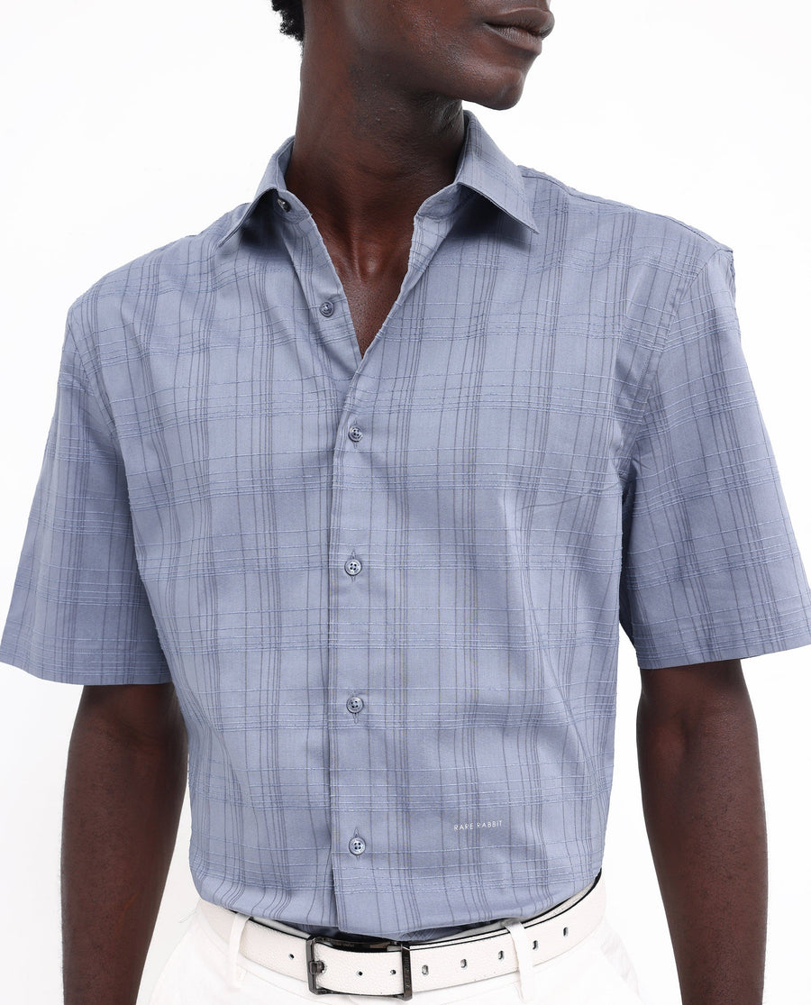 Rare Rabbit Men's Pesca Dusky Blue Cotton Checked Print Regular Fit Half Sleeve Collared Shirt