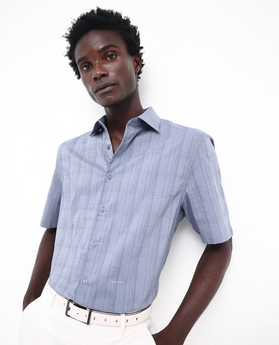 Rare Rabbit Men's Pesca Dusky Blue Cotton Checked Print Regular Fit Half Sleeve Collared Shirt