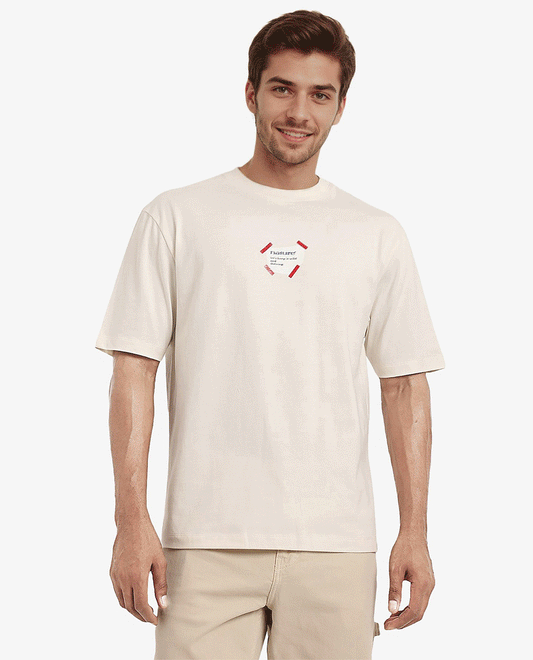 Rare Rabbit Men's Peta Off White Cotton Floral Print Oversized Fit Half Sleeve Crew Neck T-Shirt