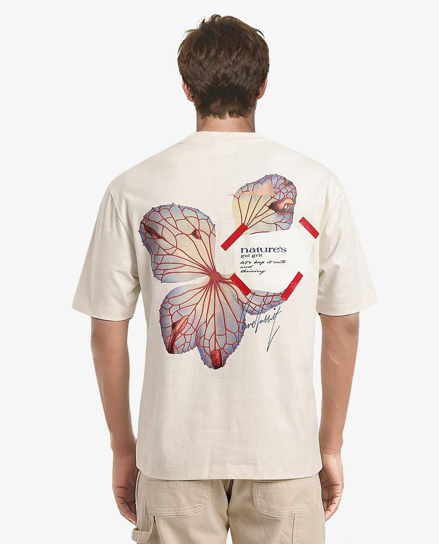 Rare Rabbit Men's Peta Off White Cotton Floral Print Oversized Fit Half Sleeve Crew Neck T-Shirt