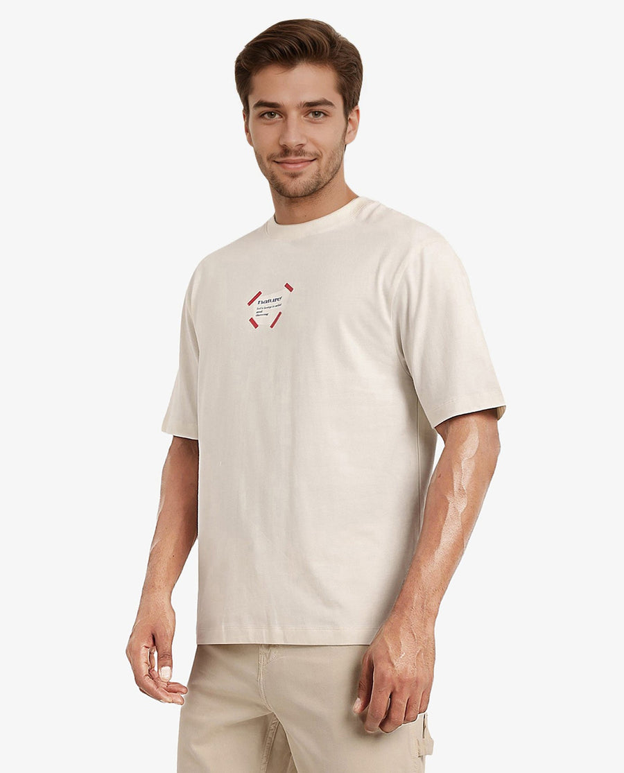 Rare Rabbit Men's Peta Off White Cotton Floral Print Oversized Fit Half Sleeve Crew Neck T-Shirt