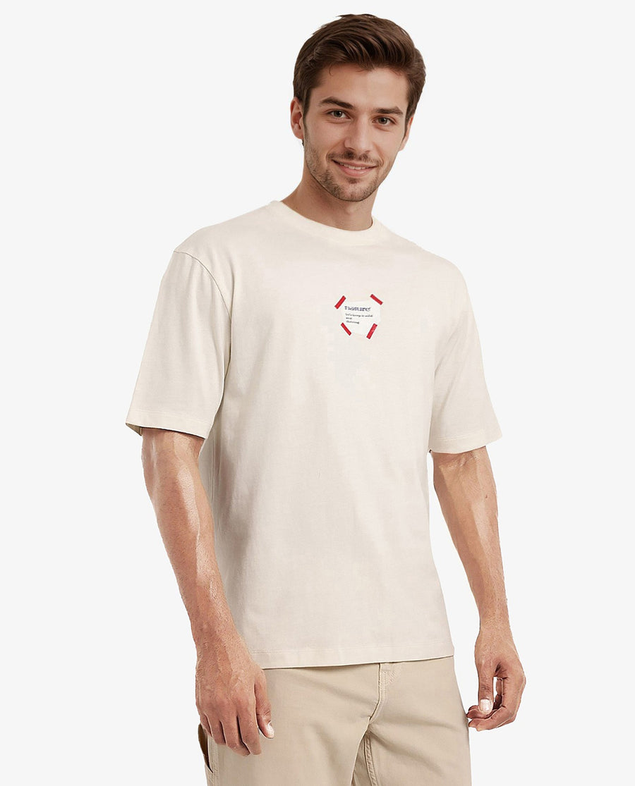 Rare Rabbit Men's Peta Off White Cotton Floral Print Oversized Fit Half Sleeve Crew Neck T-Shirt
