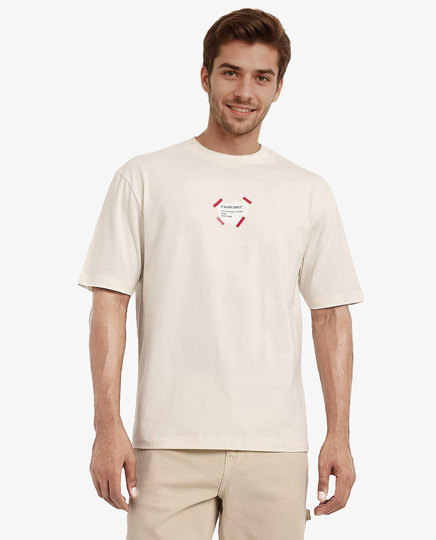 Rare Rabbit Men's Peta Off White Cotton Floral Print Oversized Fit Half Sleeve Crew Neck T-Shirt