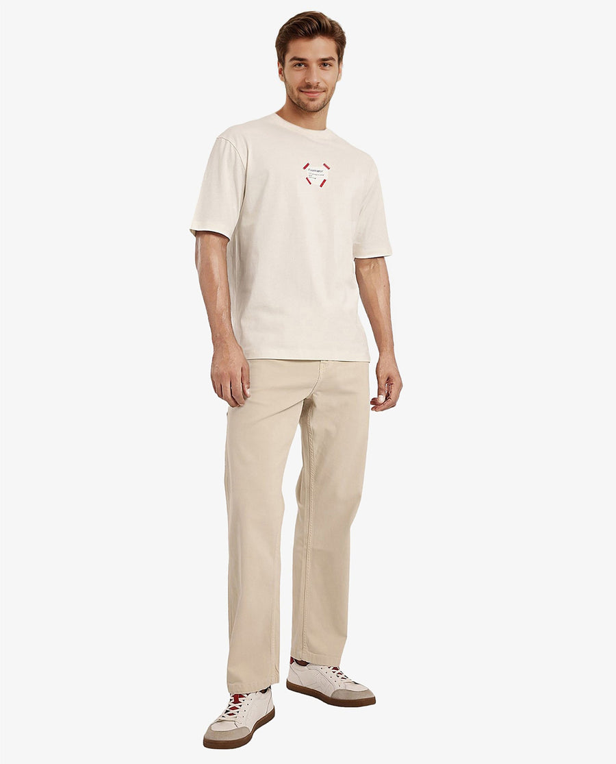 Rare Rabbit Men's Peta Off White Cotton Floral Print Oversized Fit Half Sleeve Crew Neck T-Shirt